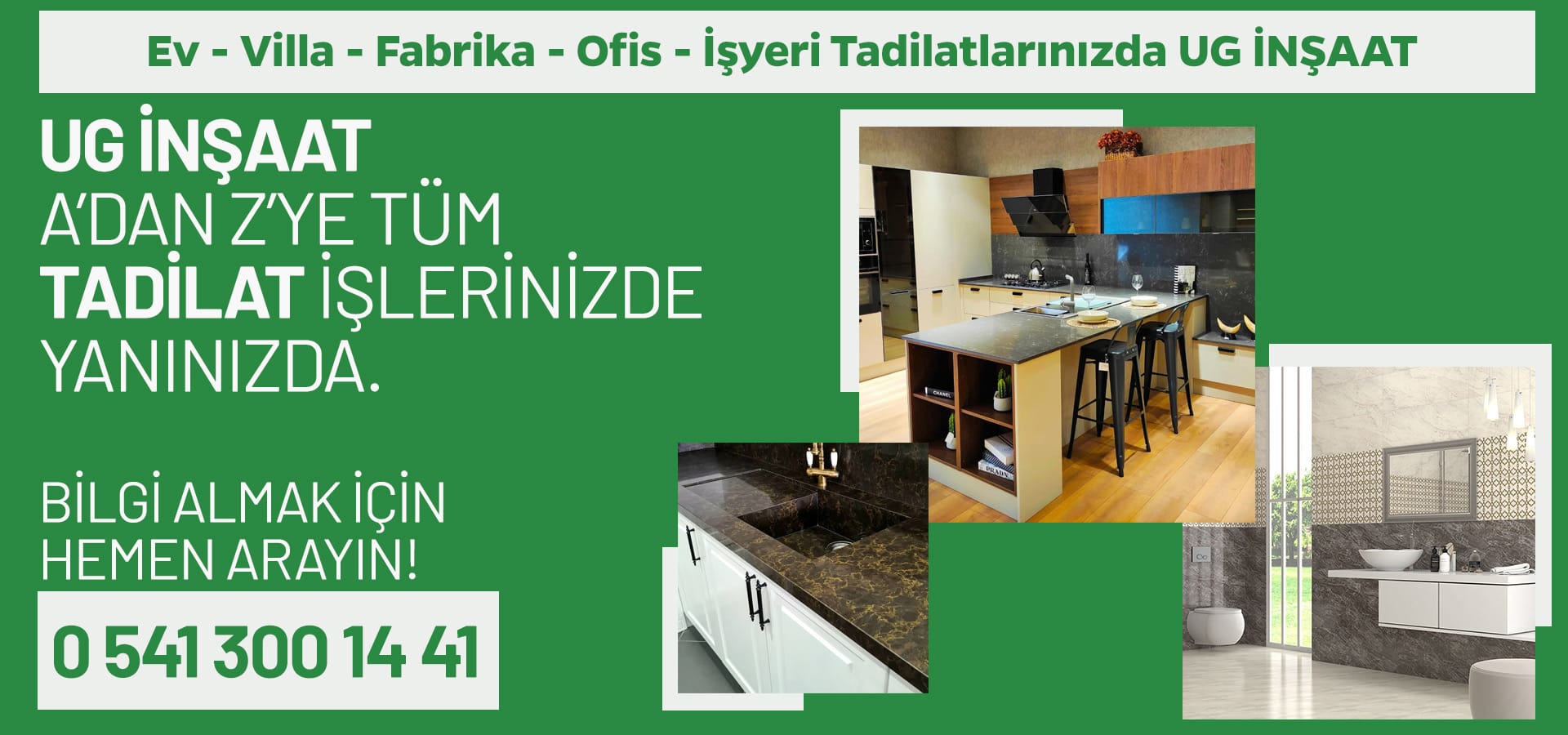 UG İnşaat Kocaeli tadilat hizmetleri — mutfak, banyo ve iç mekan yenileme